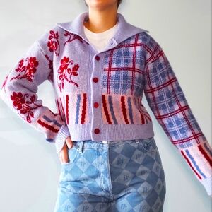 Zara Women's Plaid Knit Cardigan Sweater Purple Size M